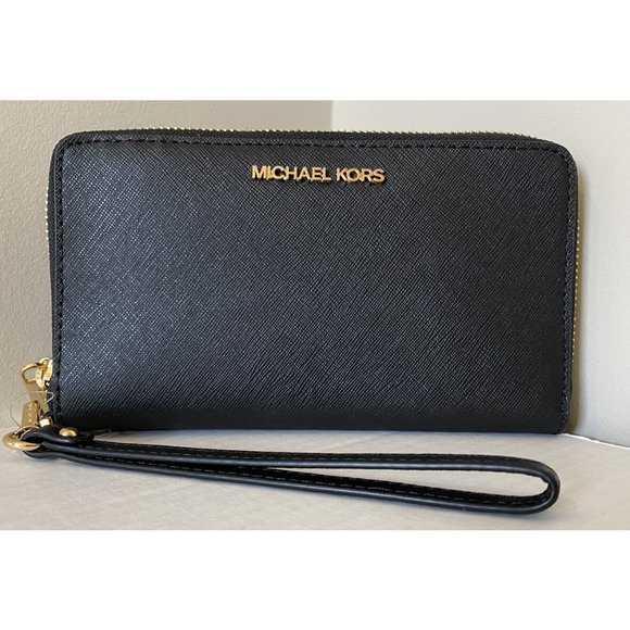 New Michael Kors Jet Set Travel Zip Around Phone Holder Wallet Black with Gold - Picture 1 of 7